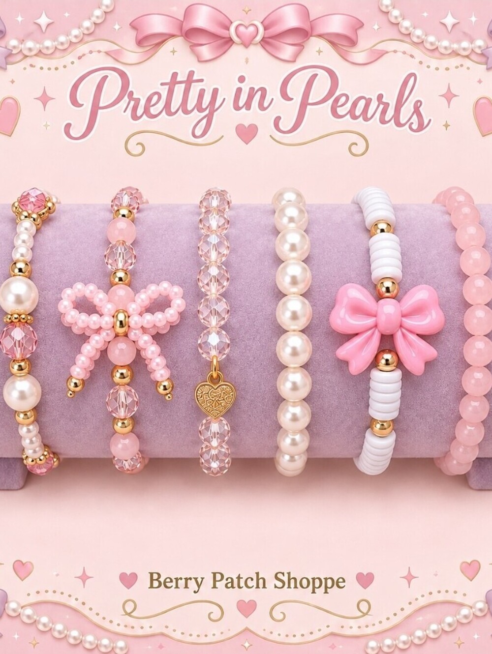 Coquette Valentine's Day Love Pink Bow Pearl Stackable Charm Bracelets